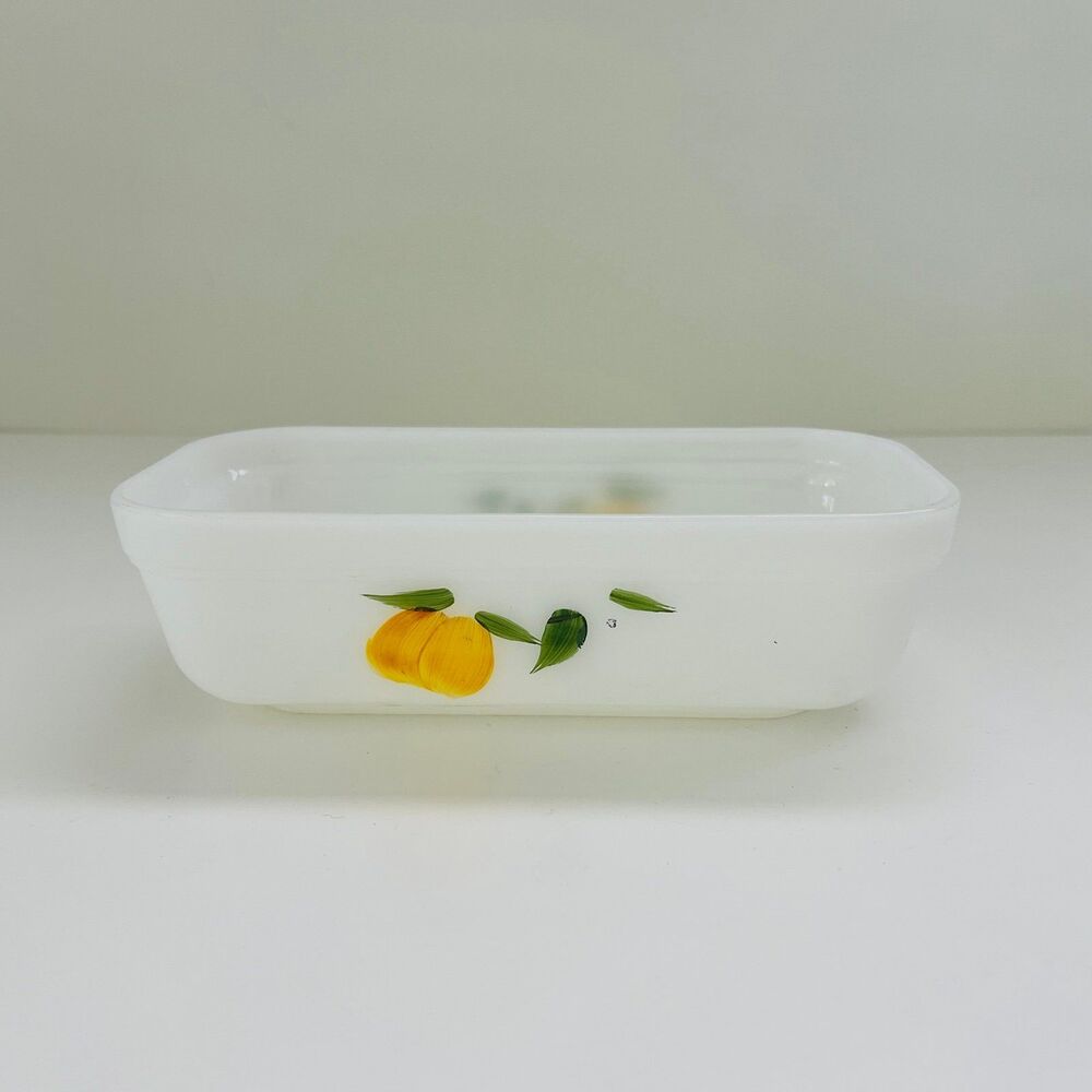FIRE KING Gay Fad White Milk Glass Hand Painted Peach Fruit Pattern Loaf Pan